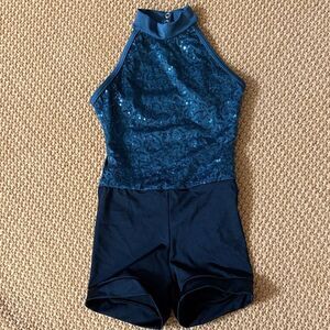 NWOT WEISSMAN Turquoise Sequin Halter Top Dance Costume Size 7/8